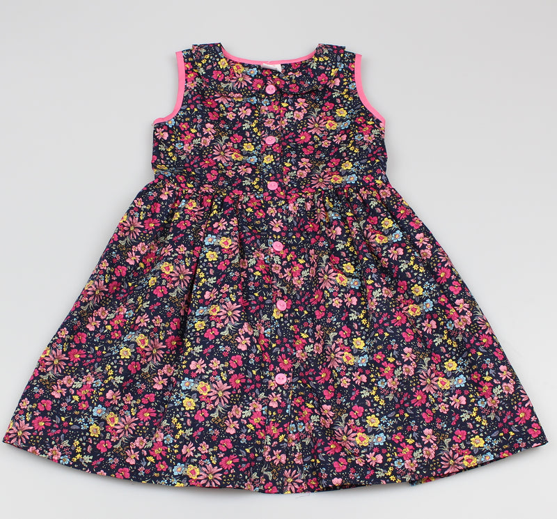 Girls All Over Print Black/Pink Floral Dress (3-8 Years0)-GF5034