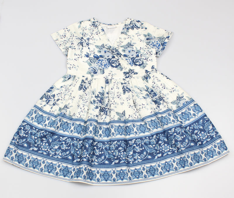 Girls All Over Print Blue Floral Dress (3-8 Years0)-GF5108