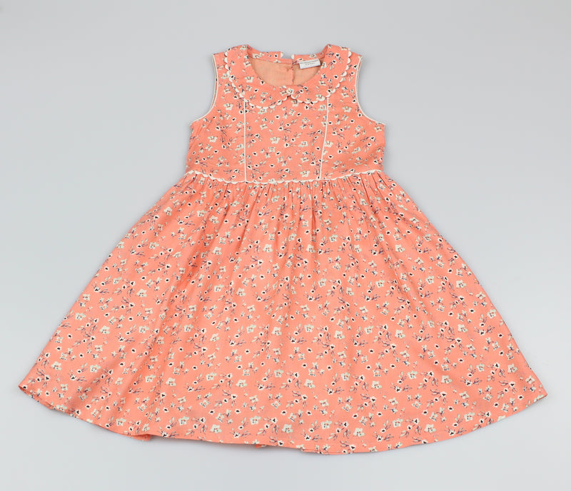 Girls All Over Print Salmon Floral Dress (3-8 Years0)-GF5111