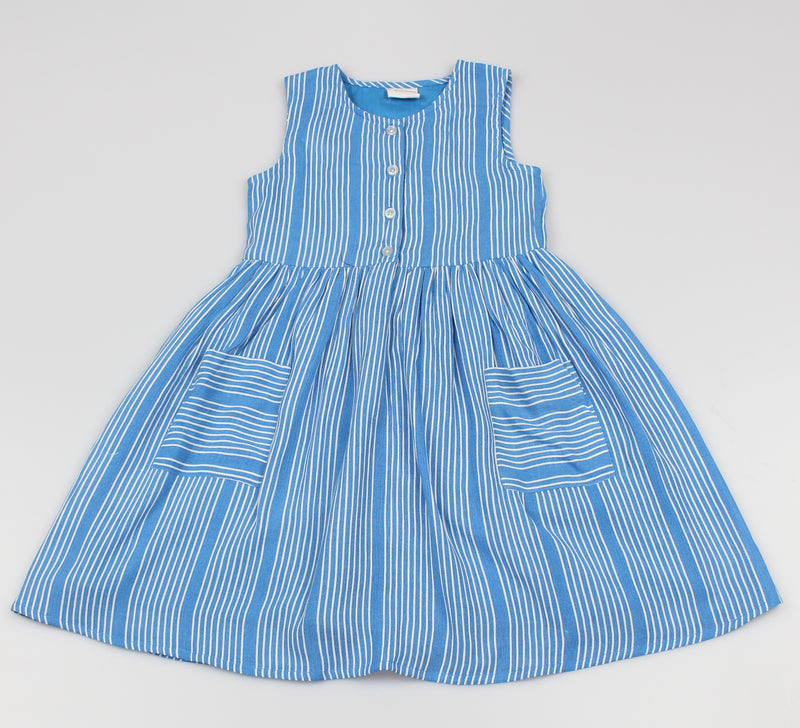 Girls All Over Print Bright Blue Stripes Dress (3-8 Years0)-GF5116
