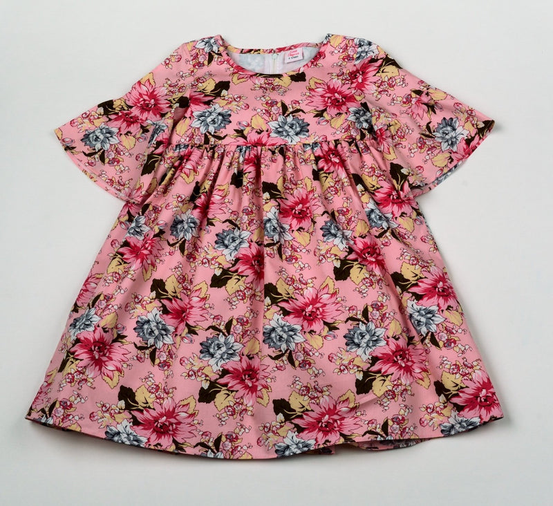 Girls Bell Sleeves Lined Dress - Large Floral - 3-8 Years (H5816) - Kidswholesale.co.uk