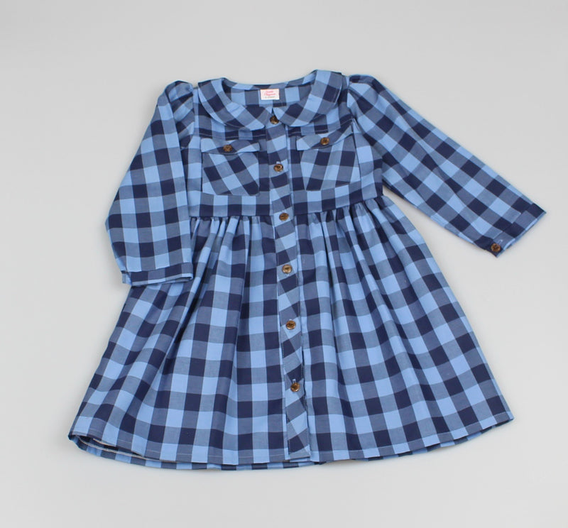 Girls Checkered Dress - Blue Peter Pan Collars (3-8 Years) M5311 - Kidswholesale.co.uk
