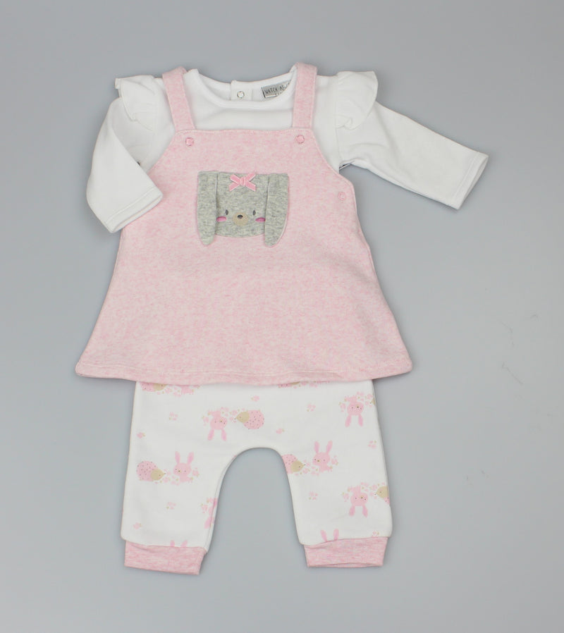 Baby Girls 3pc Pink Marl Fleece Dress Top All Over Print Trouser Forest Friends-WF1715