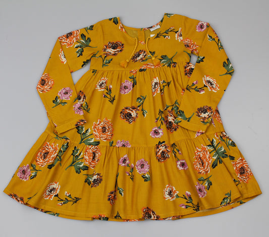 GIRLS VISCOSE PRINT LINED DRESS -Mustard(3-8 YEARS) (PK6) WF5909