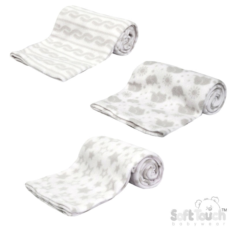 PRINTED WHITE BABY FLEECE WRAP (PK12) FBP10-W