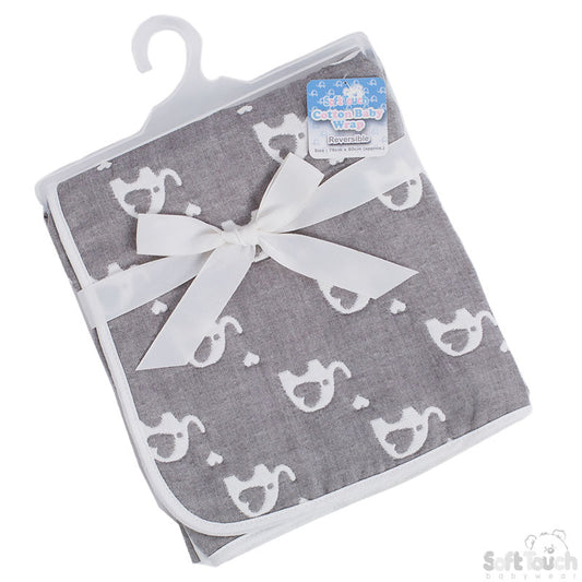 REVERSIBLE WHITE/GREY ELEPHANT COTTON WRAP - FBP218-W