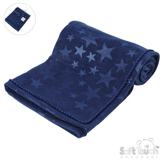 Navy Star Embossed Mink Wrap W/Pom Pom Trim FBP230-N