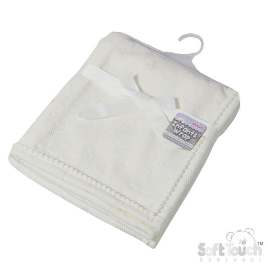 White Star Embossed Mink Wrap W/Pom Pom Trim FBP230-W