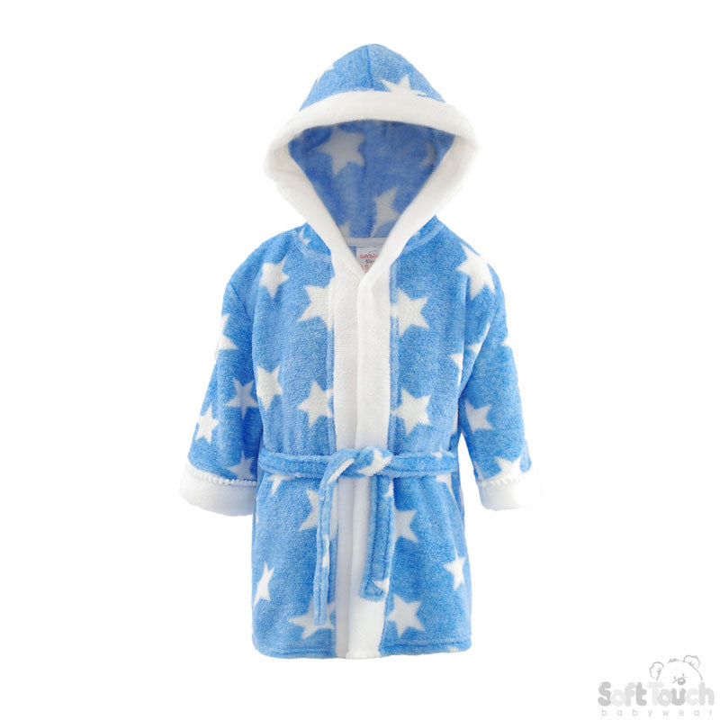 BLUE 'STAR' PRINTED CORAL HOODED ROBE WITH WHITE TRIM- 4FBR40-BP