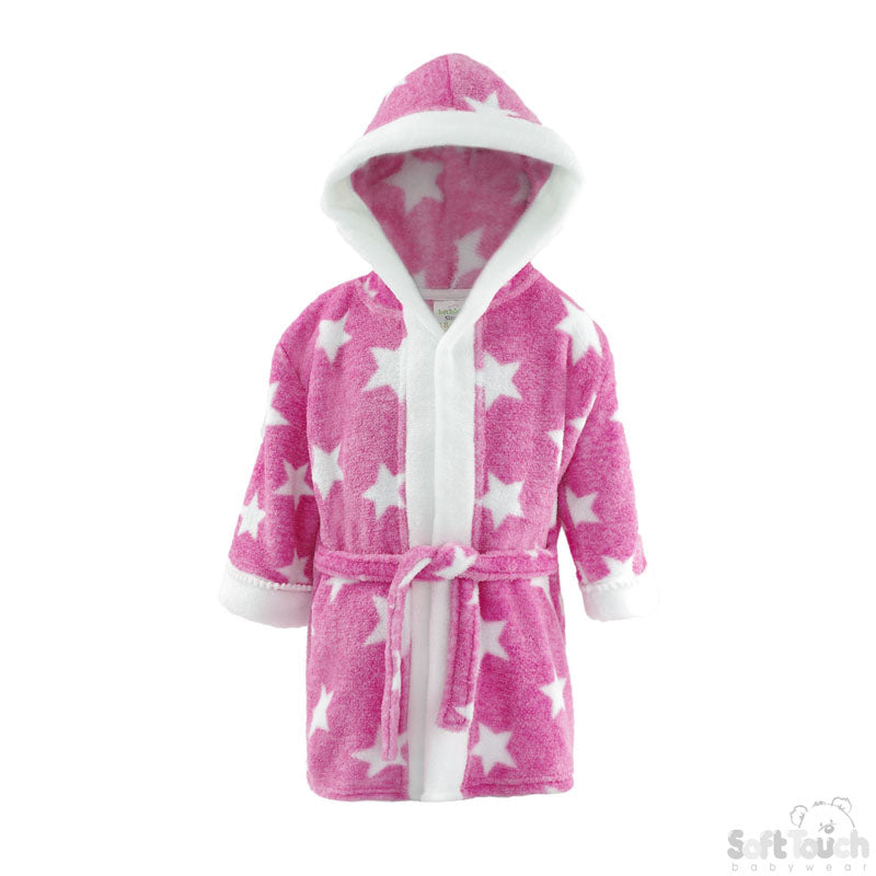 PINK 'STAR' PRINTED CORAL HOODED ROBE WITH WHITE TRIM-4FBR40-PP
