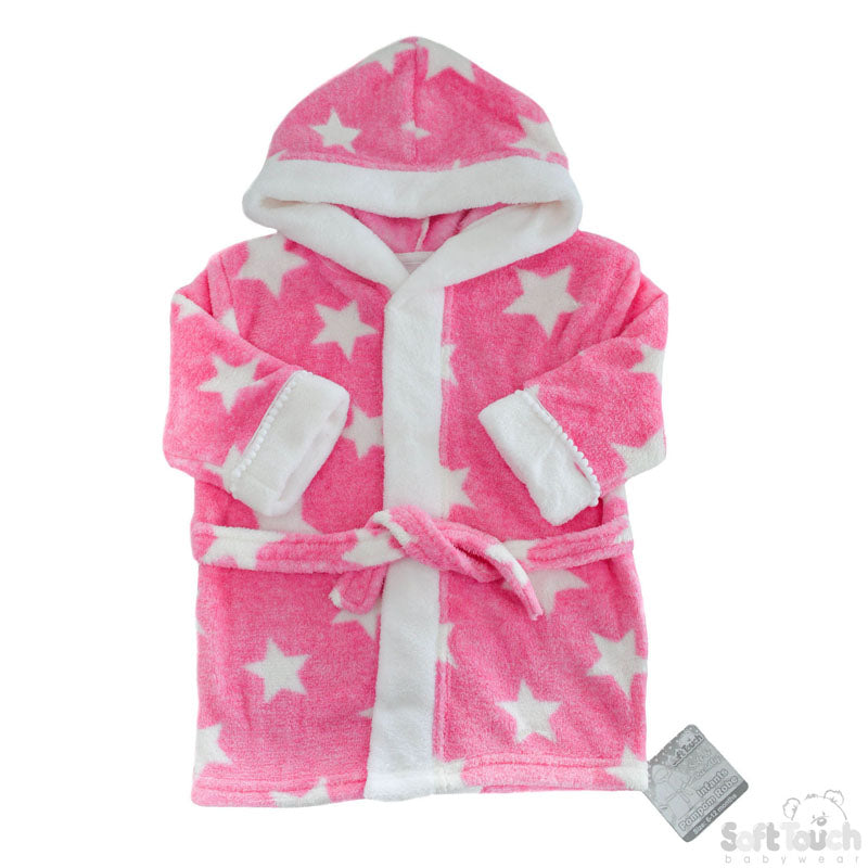 PINK 'STAR' PRINTED CORAL HOODED ROBE WITH WHITE TRIM-4FBR40-PP