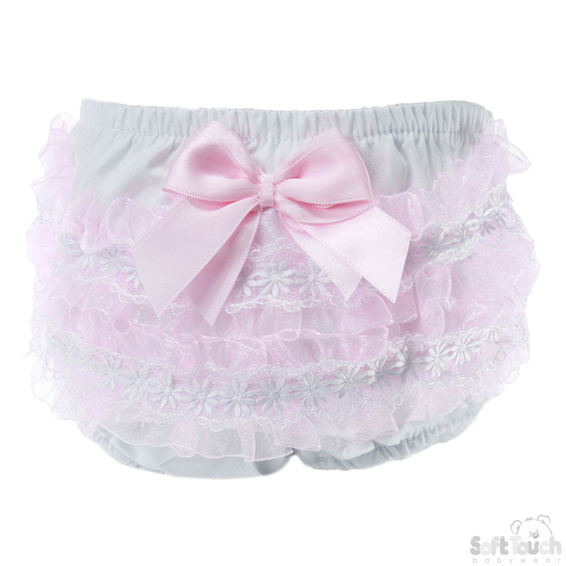WHITE/PINK COTTON FRILLY PANTS (0-18 Months) FP10-P