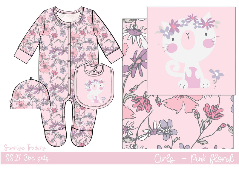 Baby 3 Piece Layette Gift Set Floral Cat (0-9 Months)-M1266