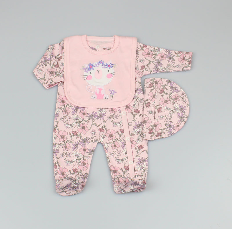 Baby 3 Piece Layette Gift Set Floral Cat (0-9 Months)-M1266