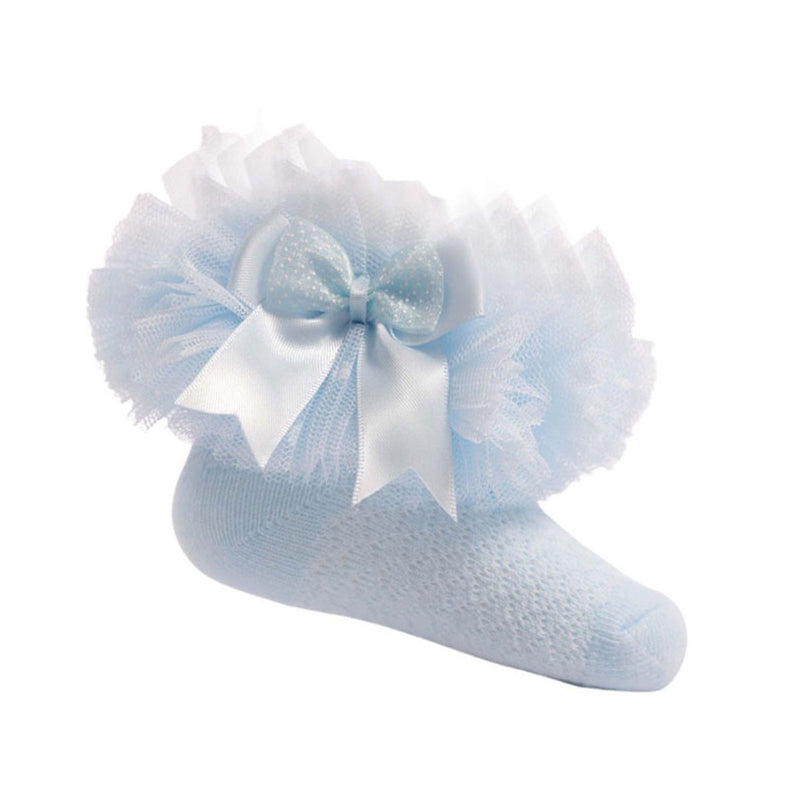 Spotty Tutu Lace Socks W/Spotty Bow - Blue (NB-6 Months) (pk12) GS214-B