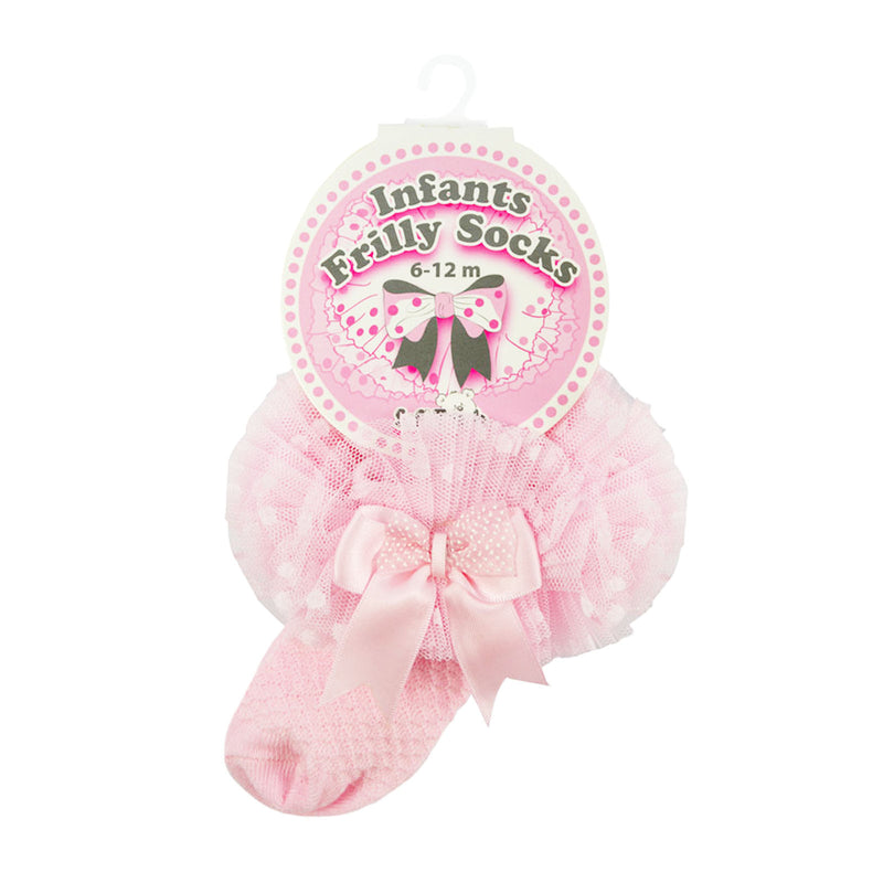 Spotty Tutu Lace Socks W/Spotty Bow - Pink  (NB-6 Months) (pk12) GS214-P