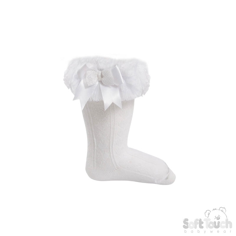 SPOTTY TUTU LACE KNEE SOCKS WITH SPOTTY BOW - WHITE (18 Months - 6 Years) GS220-W