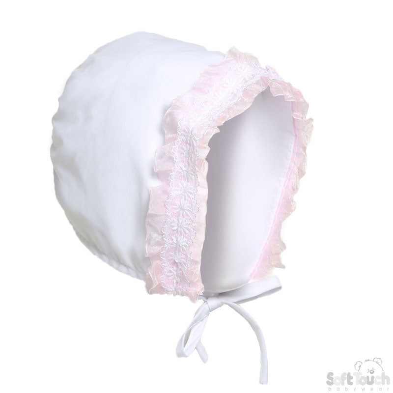 Bonnet Hat W/Pink Or White Lace - H34-0-6m