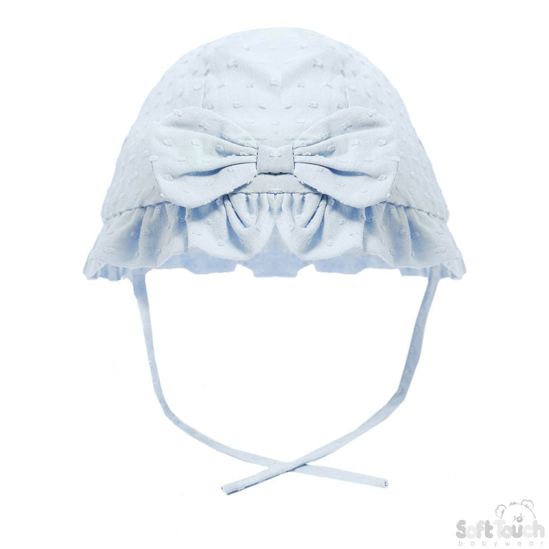 Girls Cotton Dotty Blue Summer Hat W/Bow (0-12Months)-H44-B