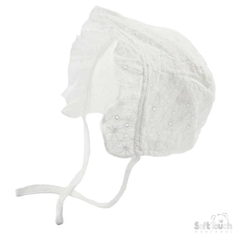 Cotton White B/A Bonnet Hat W/Lace (0-6 Months)-H46w