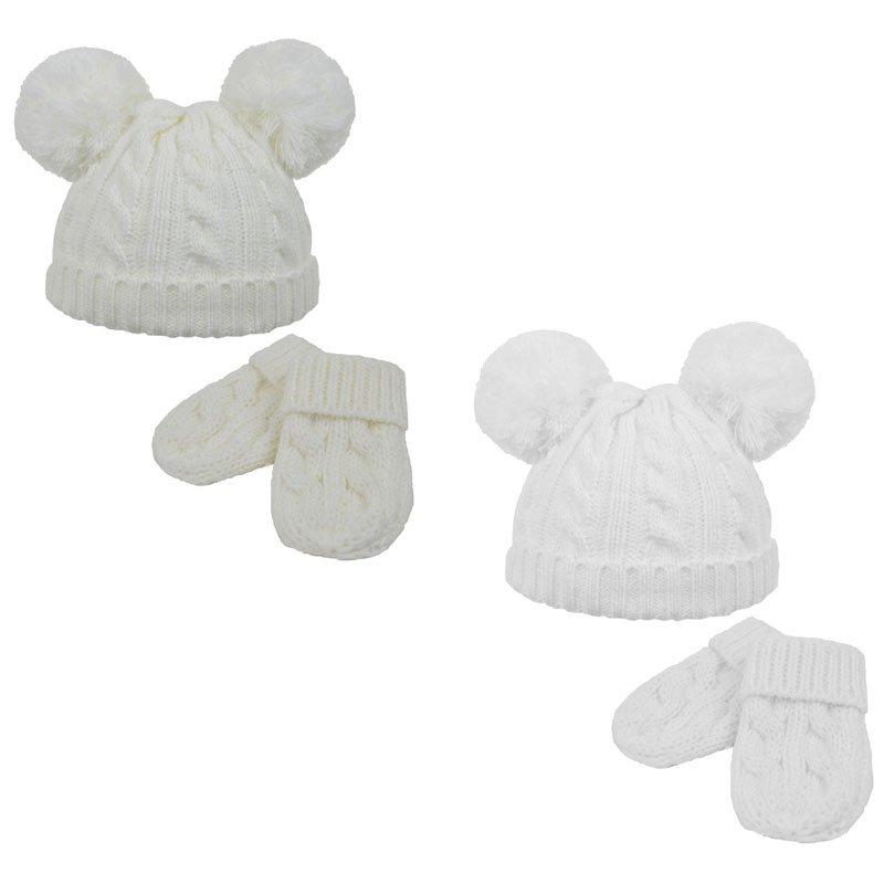 Cable Knit Pom Pom hat/mitten set- (0-6m) H495-CW - Kidswholesale.co.uk