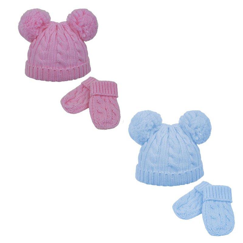 Cable Knit Pom Pom hat/mitten set- (0-6m) H495-PB - Kidswholesale.co.uk