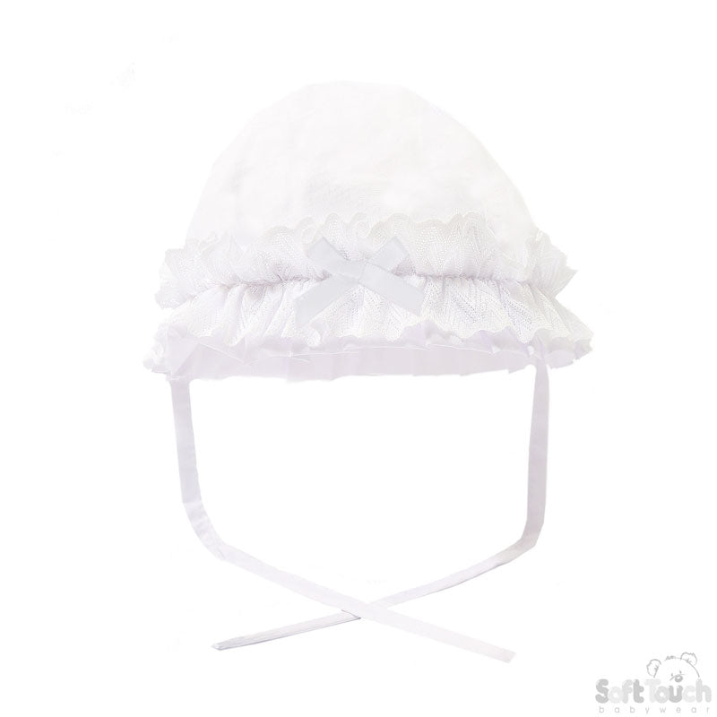 White Summer Hat W/Chevron Lace & Bow: H62-W