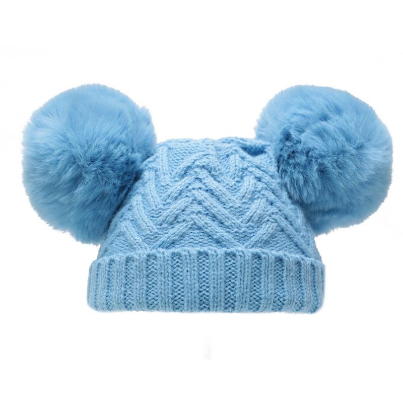 Blue 'Chevron' Knit Double Pom Pom Hat w/Cotton Lining  (0-6 Months) H630-B-SM - Kidswholesale.co.uk