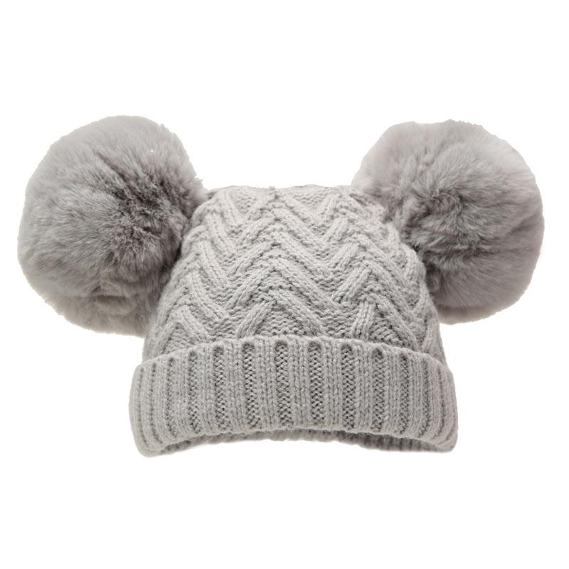 Grey 'Chevron' Knit Double Pom Pom Hat w/Cotton Lining  (0-6 Months) H630-G-SM - Kidswholesale.co.uk