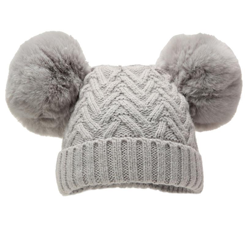 Grey 'Chevron' Knit Double Pom Pom Hat w/Cotton Lining  (6-18 Months) H632-G-MED - Kidswholesale.co.uk