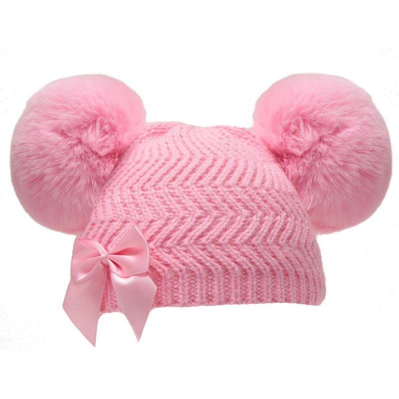 Pink 'Zig Zag' Knit Hat w/2 Faux-fur Pom-Poms & Bow (0-6 Months) H634-P-SM - Kidswholesale.co.uk