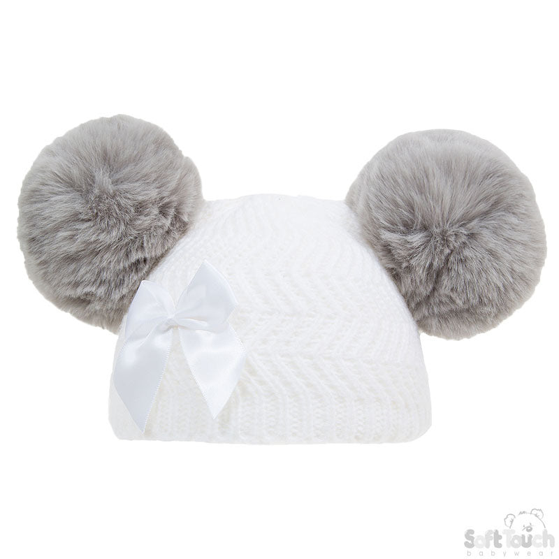 White 'Zig Zag' Knit Hat w/2 Faux-fur Pom-Poms & Bow (0-6 Months) H634-W-SM