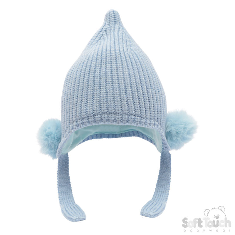 Blue Chenille Knit Hat w/Faux Fur Pom  Poms (NB-12 Months) H642-B-SM