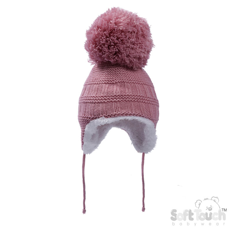 WHITE, STEEL BUE, DUSTY PINK KNITTED HAT W/POM POM, STRING & SHERPA LINING (NB-12 Months) H644-SM