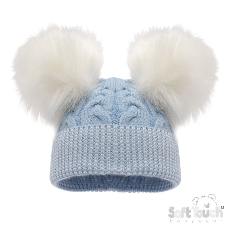 BLUE CABLE KNIT HAT WITH 2 LARGE FUR POM POM (NB-12 Months) H646-B-SM