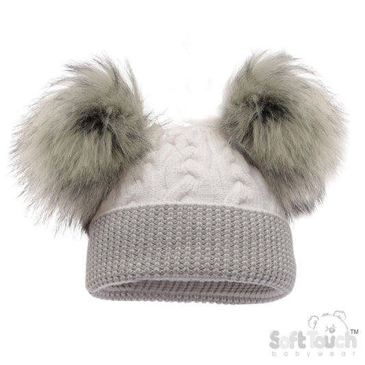 WHITE CABLE KNIT HAT W/2 LARGE FUR POM POM (NB-12 Months) H646-W-SM