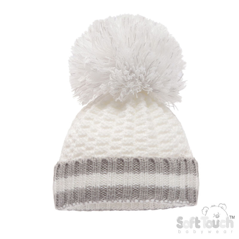 WHITE RIBBED HAT WITH LARGE POM POM (NB-12 Months)(PK12 H648-W-BP