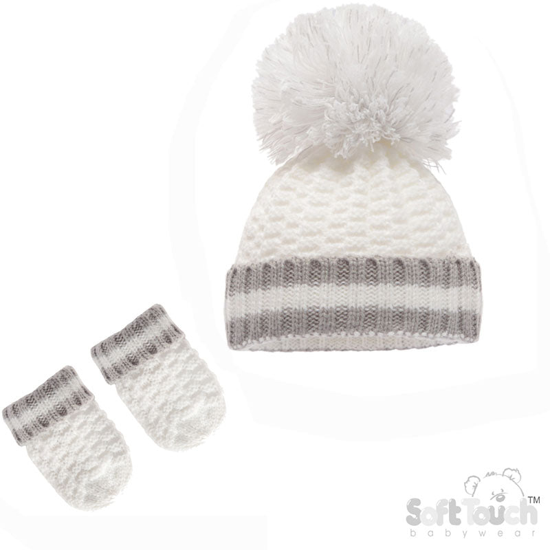 WHITE RIBBED HAT & MITTEN SET (NB-12 Months) H648-W-SM