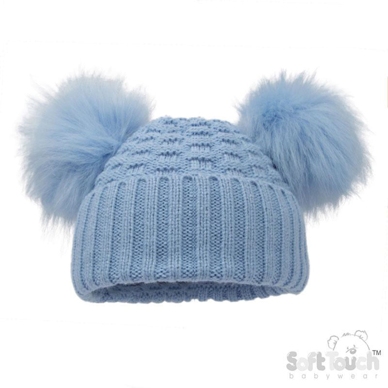 Deluxe Baby Blue Checked/Striped Hat w/Pom Poms (NB-12m) (PK6) H670-BB
