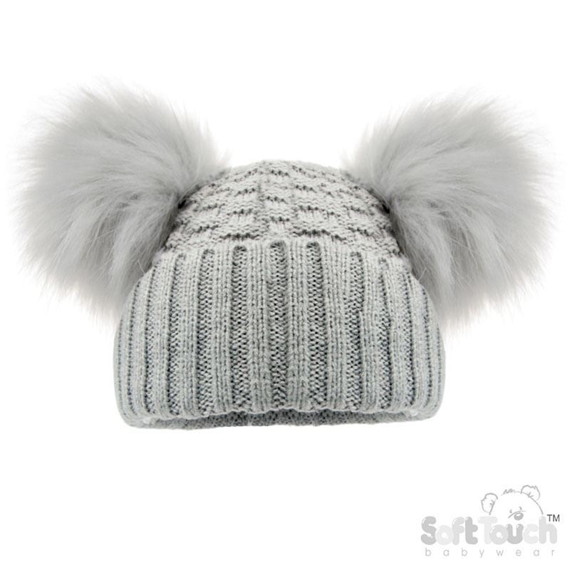 Deluxe Grey Checked/Striped Hat w/Pom Poms (NB-12m) (PK6) H670-G