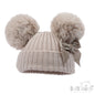 BISCUIT RIBBED HAT W/VELVET BOW & 2 POM POMS (NB-12m) (PK6) H678BI