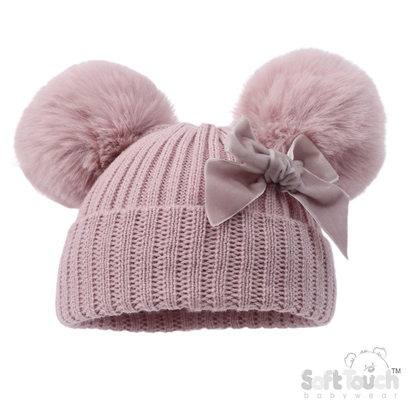 DUSTY PINK RIBBED HAT W/VELVET BOW & 2 POM POMS (NB-12m) (PK6) H678DP