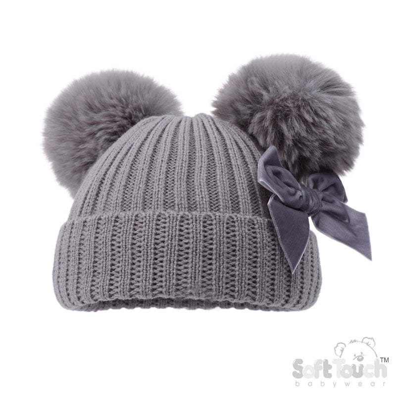 GREY RIBBED HAT W/VELVET BOW & 2 POM POMS (NB-12m) (PK6) H678G