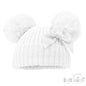 WHITE RIBBED HAT W/VELVET BOW & 2 POM POMS (NB-12 Months) (PK6) H678W