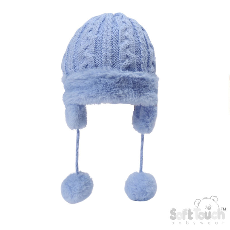 CABLE KNIT TURNOVER/EAR FLAPS HAT -BLUE (PK6) (NB-6m) H680-B