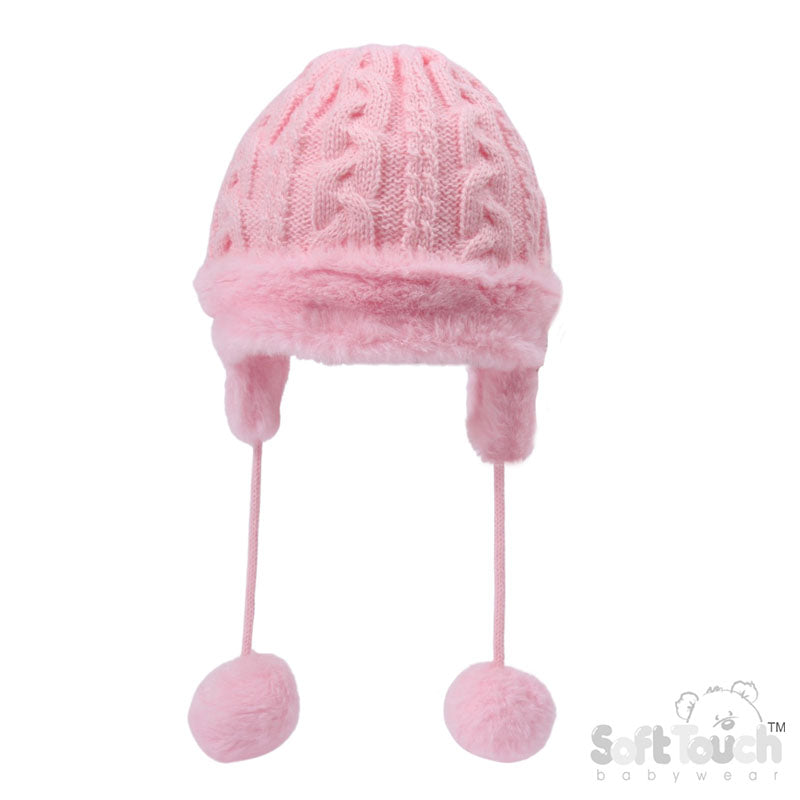 CABLE KNIT TURNOVER/EAR FLAPS HAT -PINK (PK6) (NB-6m) H680-P
