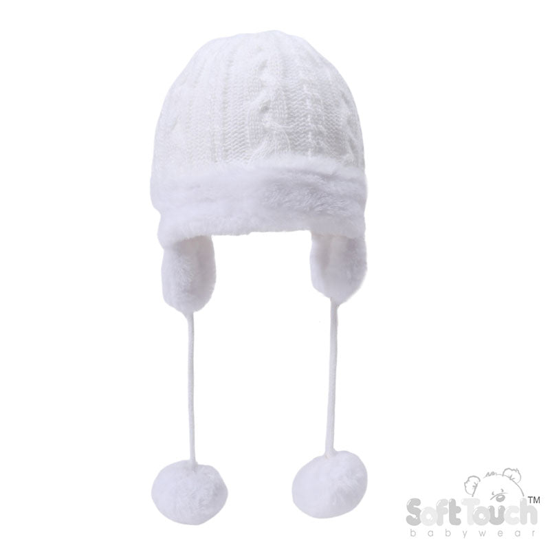 CABLE KNIT TURNOVER/EAR FLAPS HAT -WHITE(PK6) (NB-6m) H680-W