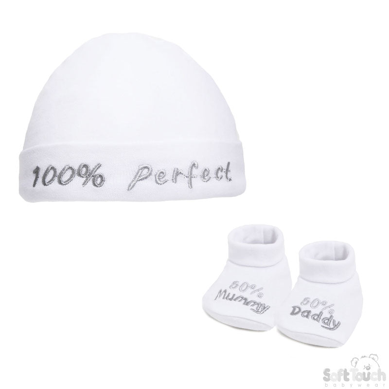 Baby Hat & Bootee Set - White - 50% M/D (NB-3 Months) HB03-W