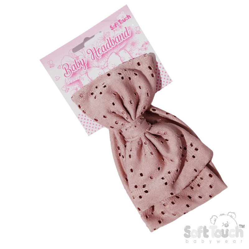 Dusty Pink Broderie Anglaise Headband - Large Bow (PK12) HB102-DP