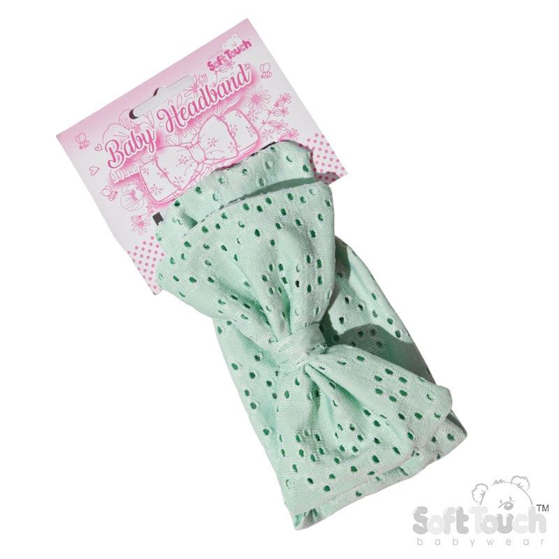 Mint Broderie Anglaise Headband - Large Bow (PK12) HB102-M